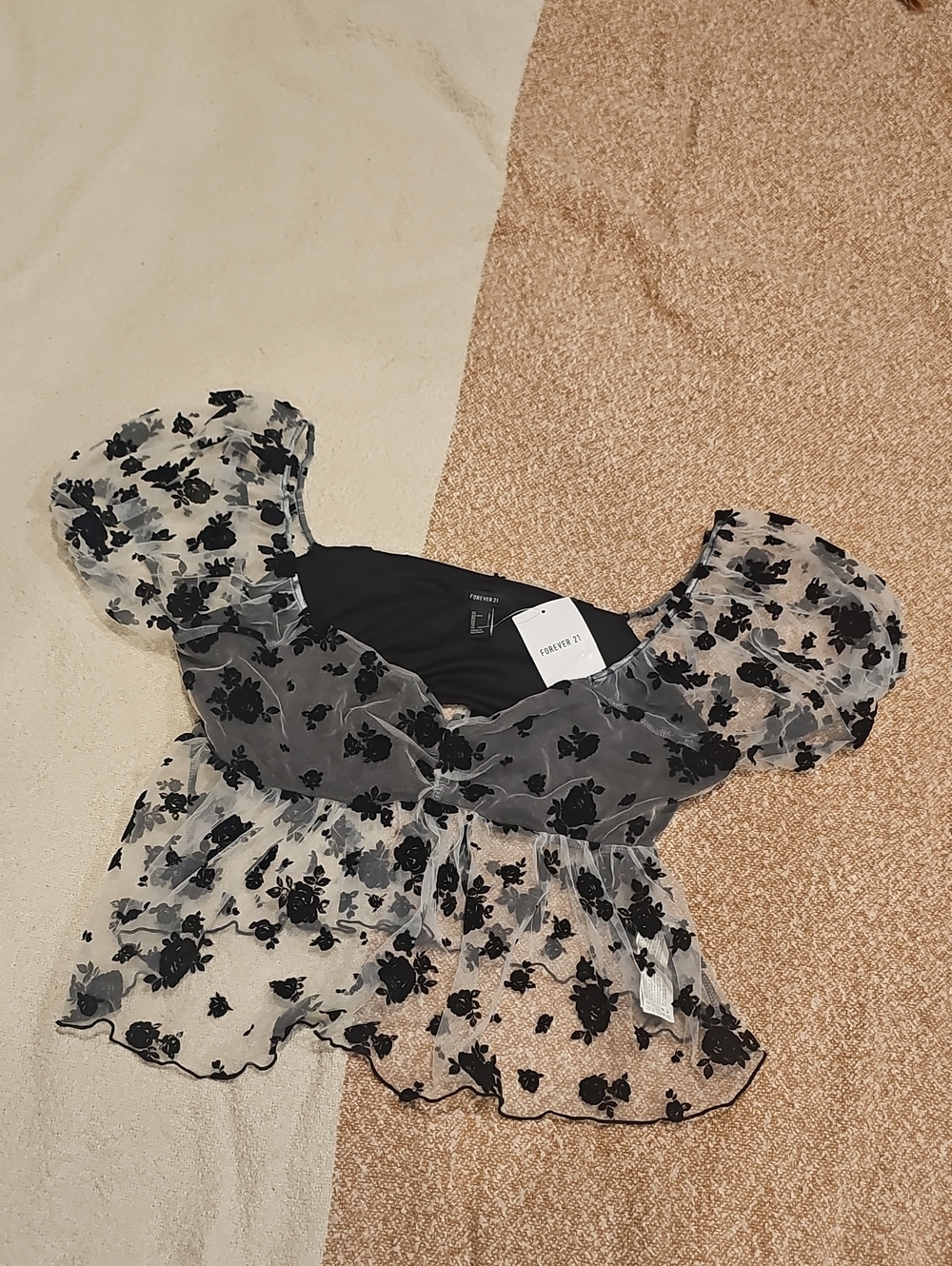 Forever 21 Black Floral Sheer Puff Sleeve Peplum Blouse